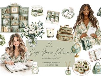 Sage Green Planner Girl Clipart, Cottagecore Floral PNGs, Watercolor Journaling Stickers, Cozy Digital Art for Invitations & Scrapbooking