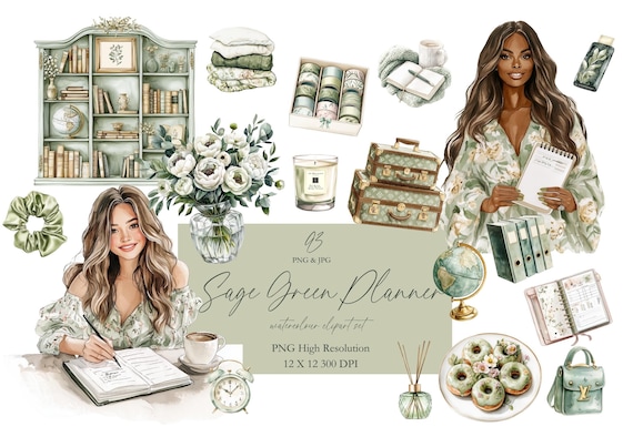 Sage Green Planner Girl Clipart, Cottagecore Floral PNGs, Watercolor Journaling Stickers, Cozy Digital Art for Invitations & Scrapbooking