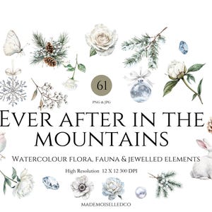 Peut inclure: Illustrations à l'aquarelle de flore, de faune et d'éléments ornés de bijoux. L'image comprend un papillon, des pommes de pin, des roses, un lapin et le texte "EVER AFTER IN THE MOUNTAINS". Haute résolution, 12 x 12, 300 DPI.