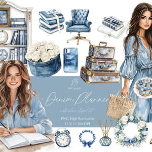 Denim Planner Girl Clipart, Cottagecore Floral PNGs, Watercolor Art for Journaling, Invites & Rustic Digital Decor
