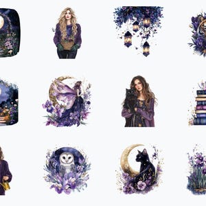 K&ouml;nnte beinhalten: Ein Set mit 10 digitalen Illustrationen in einem verspielten Farbton in Lila und Blau. Die Illustrationen zeigen einen mondbeschienenen Garten, eine Fee mit Fl&uuml;geln, eine Frau mit einer Katze, einen Tiger, einen Stapel B&uuml;cher, eine Frau mit einer Gie&szlig;kanne, eine Eule, eine Katze auf einem Halbmond und einen Teich mit Iris.