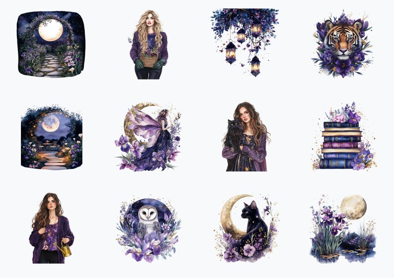 K&ouml;nnte beinhalten: Ein Set mit 10 digitalen Illustrationen in einem verspielten Farbton in Lila und Blau. Die Illustrationen zeigen einen mondbeschienenen Garten, eine Fee mit Fl&uuml;geln, eine Frau mit einer Katze, einen Tiger, einen Stapel B&uuml;cher, eine Frau mit einer Gie&szlig;kanne, eine Eule, eine Katze auf einem Halbmond und einen Teich mit Iris.