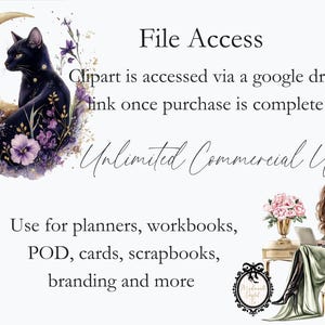 K&ouml;nnte beinhalten: Eine digitale Illustration einer schwarzen Katze, die auf einem Halbmond mit lila Blumen sitzt. Der Text "File Access" befindet sich oben im Bild. Der Text "Clipart is accessed via a google drive link once purchase is complete" befindet sich unter dem Bild der Katze. Der Text "Unlimited Commercial Use" befindet sich unter dem ersten Text. Der Text "Use for planners, workbooks, POD, cards, scrapbooks, branding and more" befindet sich unten im Bild.