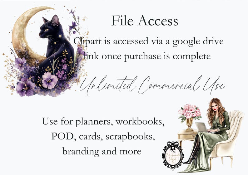 K&ouml;nnte beinhalten: Eine digitale Illustration einer schwarzen Katze, die auf einem Halbmond mit lila Blumen sitzt. Der Text "File Access" befindet sich oben im Bild. Der Text "Clipart is accessed via a google drive link once purchase is complete" befindet sich unter dem Bild der Katze. Der Text "Unlimited Commercial Use" befindet sich unter dem ersten Text. Der Text "Use for planners, workbooks, POD, cards, scrapbooks, branding and more" befindet sich unten im Bild.