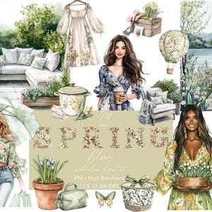 Spring Blooms Planner Clipart floral Planner girl Watercolor Journaling Rustic cottagecore Cozy Cottage Spring Vibe Olive Green Decor Invite