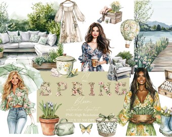 May include: A watercolor illustration set featuring spring-themed elements, including a floral wreath spelling "SPRING", a woman in a floral dress holding a coffee cup, a woman in a floral dress holding a potted plant, a woman with an umbrella, a potted plant with purple flowers, a white dress with floral details, a hot air balloon with floral details, a wooden box with compartments, a pair of blue rain boots, a wicker basket with a floral design, a green purse, and a wooden walkway over a lake.