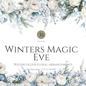 Op de afbeelding: Waterverf bloemarrangement met witte en blauwe bloemen, groen en bessen. De tekst "Winters Magic Eve" staat in sierlijke letters. De afbeelding is gelabeld met "36 PNG & JPG".
