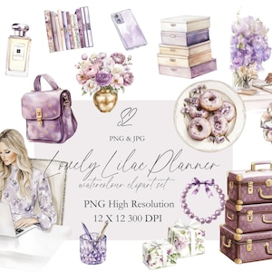 Preciosa agenda lila, clipart floral, agenda de niña, acuarela, diario, estilo rústico, cottagecore, acogedor ambiente de cabaña, decoración lila y lavanda, invitación