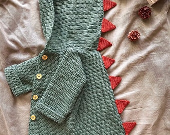 Patrón de crochet para cárdigan de dinosaurio en PDF en inglés