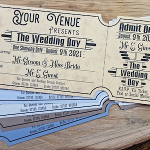 Movie Ticket Wedding Invitations, Film Ticket Wedding Invitations, Personalised, Film Stub, Movie Stub, Handmade, Antique Ticket