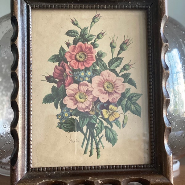 Vintage Wood Framed Floral Print | Wall Art Flower Design Home Decor Artwork