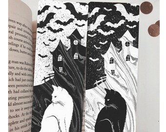 HALLOWEEN BOOKMARK - Black Cat Bookmark - Cat bookmarks - gothic bookmark - handmade bookmarks - haunted house - bats bookmark - witchy art