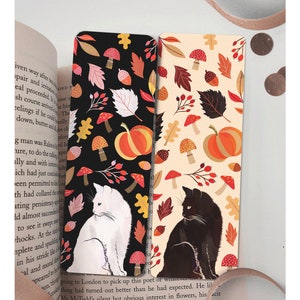 AUTUMN BOOKMARK - Handmade bookmarks - Black cat, white cat and autumn pattern - autumn leaves, pumpkin, mushrooms - autumn bookmarks