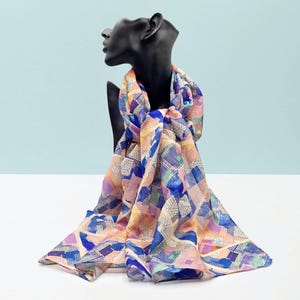 Foulard en soie mélangée - Foulard bleu rose - Foulard artistique en soie - Foulard imprimé - Foulard de designer - Foulard de peinture - Foulard de designer rose
