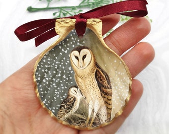 Barn Owl and baby owl ornament - Handmade Seashell Decoration - owl lover gift - woodland animals ornament - bird bauble - mother and child