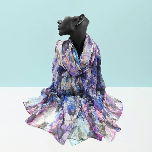 Écharpe en SOIE - Écharpe florale 100% soie - Châle violet bleu - enveloppement floral - écharpe boho - Enveloppement léger - châle, foulard - cadeau pour maman