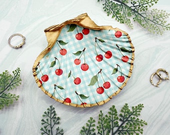 Cherries Trinket Dish - Cottagecore cherry trinket - Cherry right dish - Cherries and gingham home decor - Cottage ring dish - Summer home