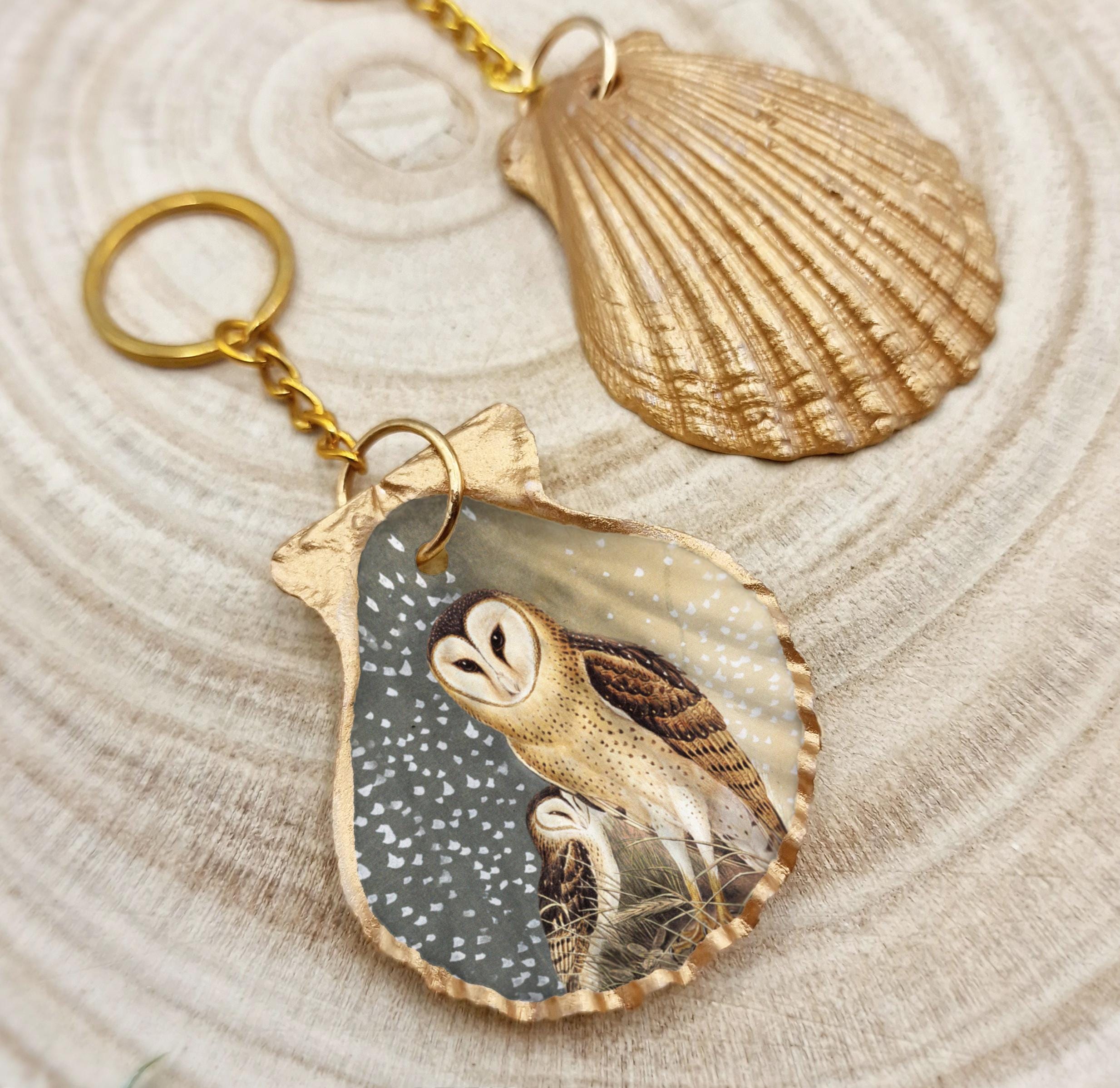 Mother and Child Keychain - Owl Keyring - Handmade shell Keyring - Seashell keychain - cottagecore k