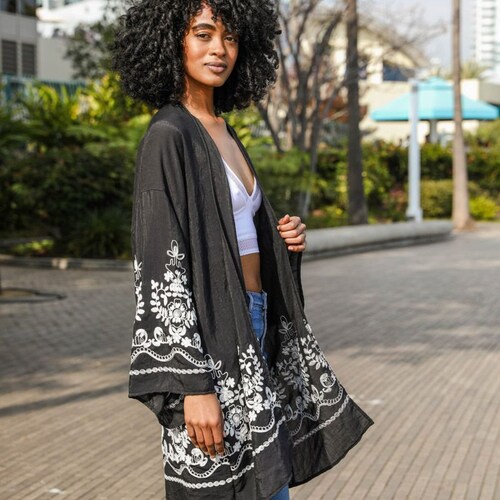 Kimono Black Embroidered Kimono Jacketbeach Cover - Etsy