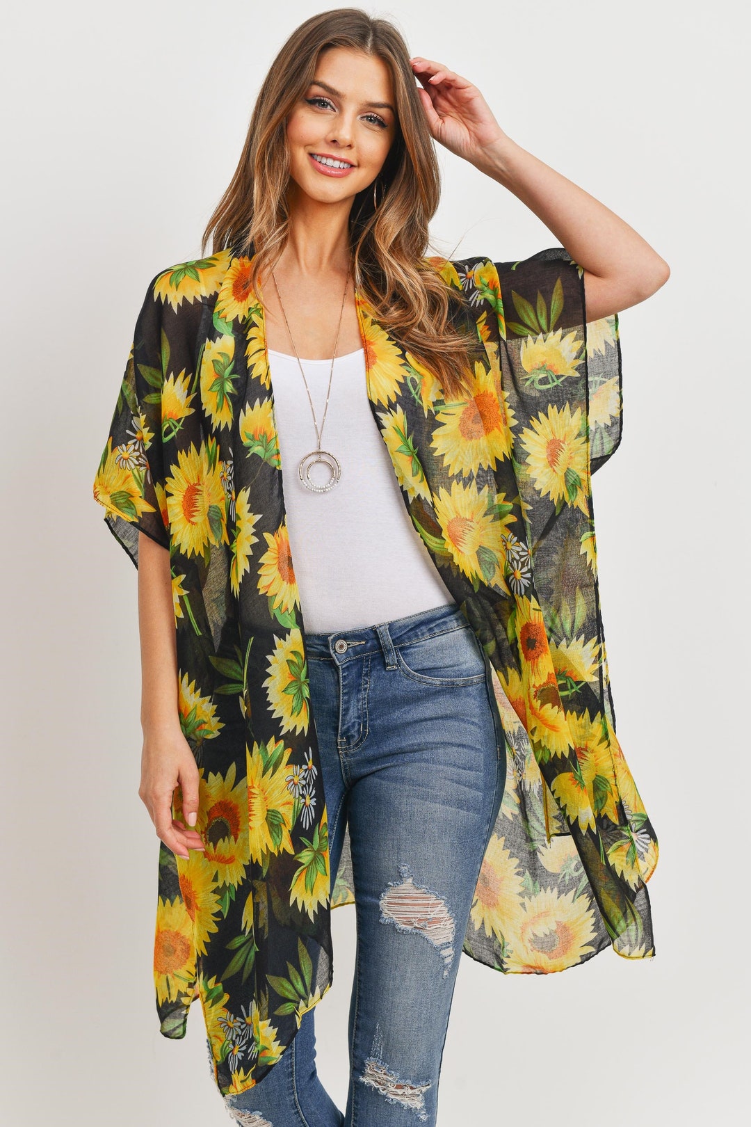 Kimono Black Sunflower Kimono Wrapbeach Cover Etsy