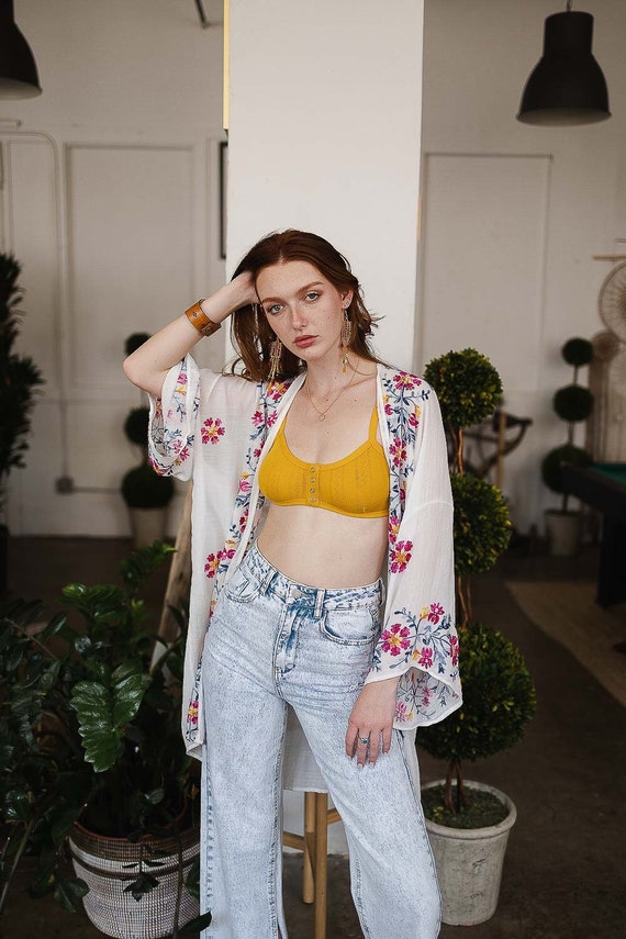 White Embroidery Floral Kimono for Women Etsy