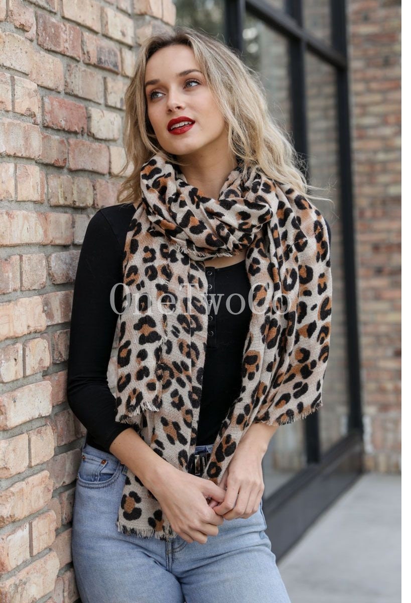 Brown Silk Chiffon Scarf With Leopard Print Leopard Printed 