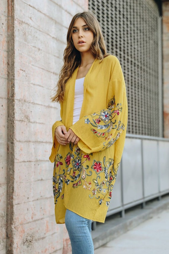 Kimono Floral Embroidery Yellow Kimono Wrapbeach Cover - Etsy