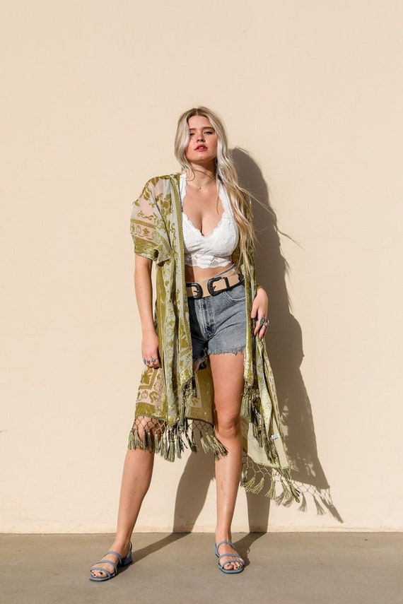 Mustard Burnout Velvet Kimono Jacket Bohemianvelvet Mesh - Etsy