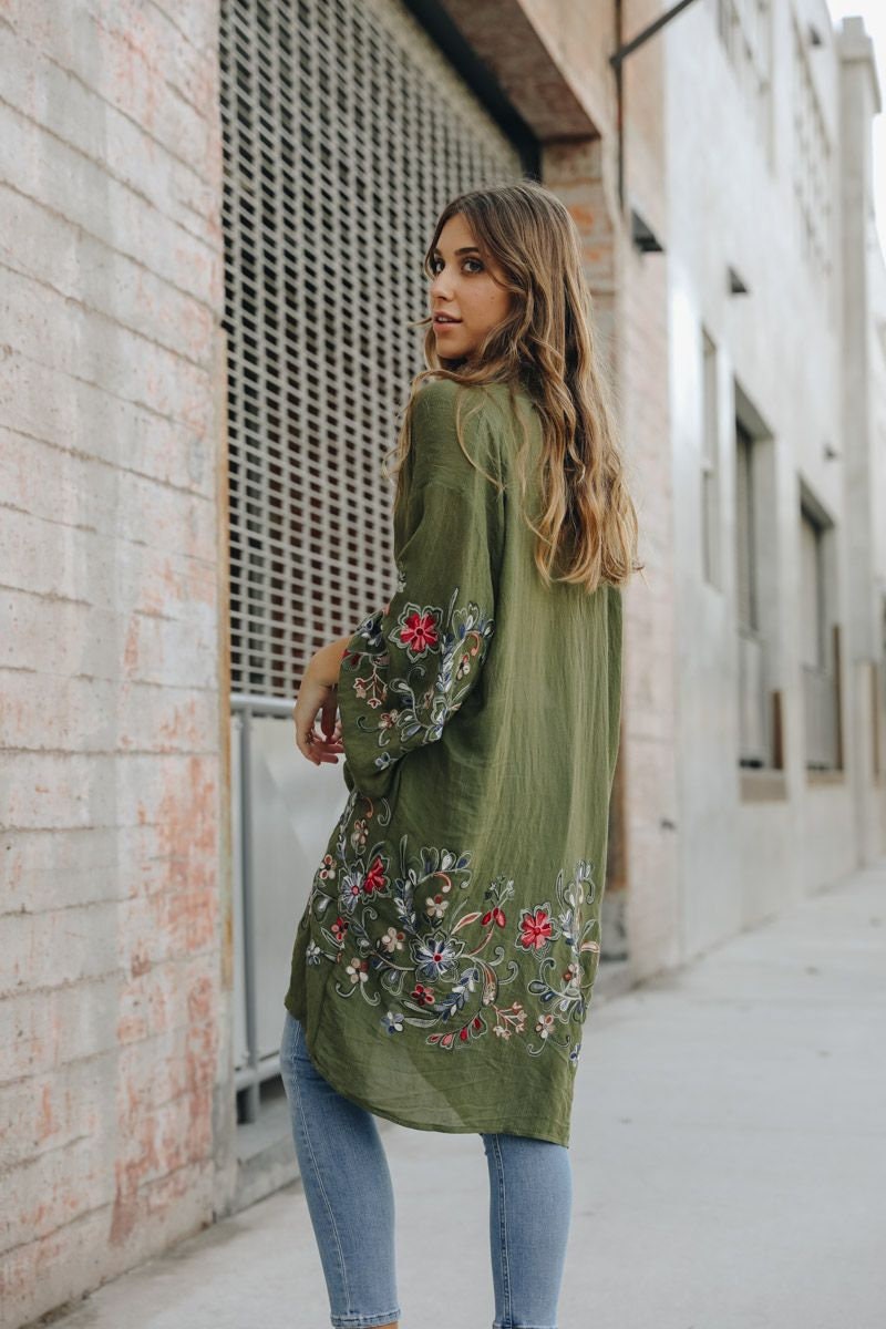 Olive Green Kimono, Floral Embroidery Kimono Wrap,Beach cover up,Bohe…