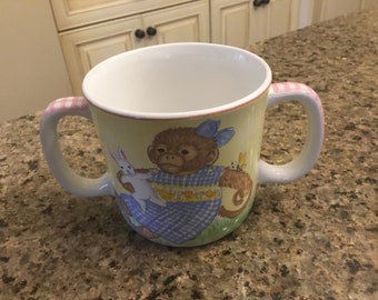 Personalised Childs 2 handle white drinks mug /& Baby Bib Pink or Blue trim