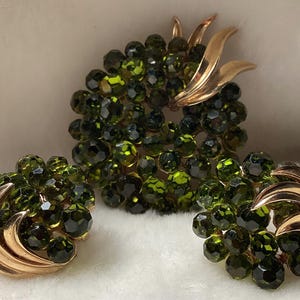 Vintage Crown Trifari Olivine Brochette Rhinestone Brooch and Earrings Set - Alfred Philippe from the 1966 Collection
