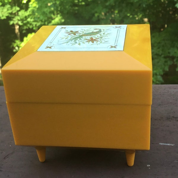 MCM Plastic Music Box - Retro Yellow Lady Mate Footed Music Box from Lady Mate Japan Peacock Image - 1960’s Ring Trinket Box