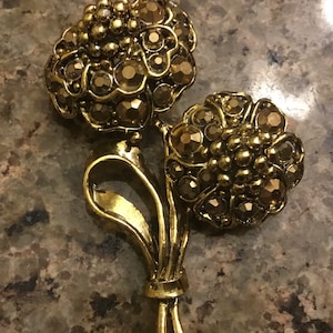 Vintage Hollycraft Floral Amber Rhinestone Brooch - Gold Tone - 1950’s