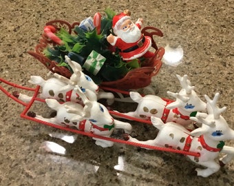 Kitsch Christmas Santa Sleigh with Reindeers Shelf Sitter - Real Retro MCM Christmas