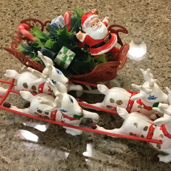 Kitsch Christmas Santa Sleigh with Reindeers Shelf Sitter - Real Retro MCM Christmas