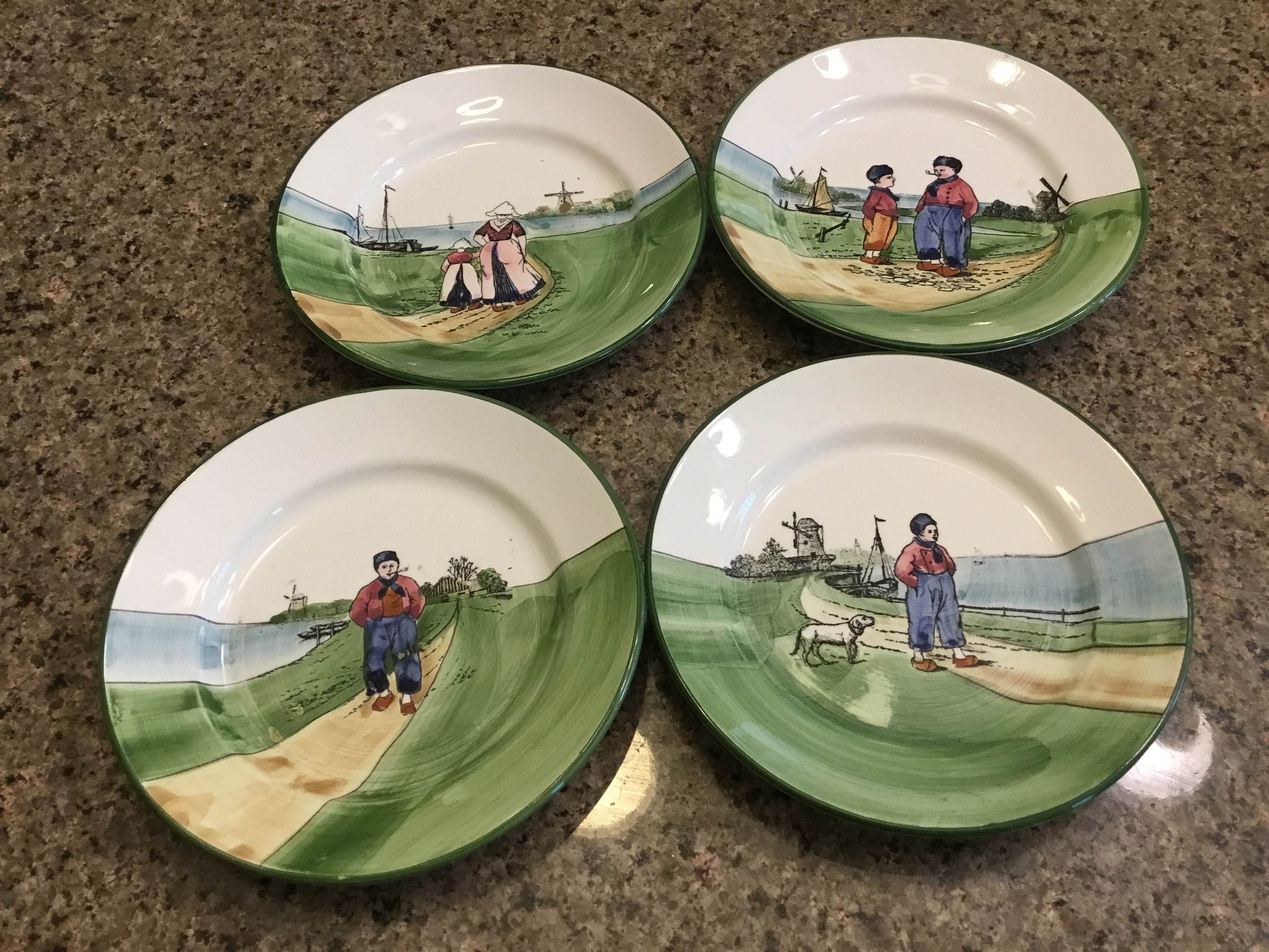 Antique GS ZELL BADEN Set of Four Ceramic Dutch Scene Plates Hand