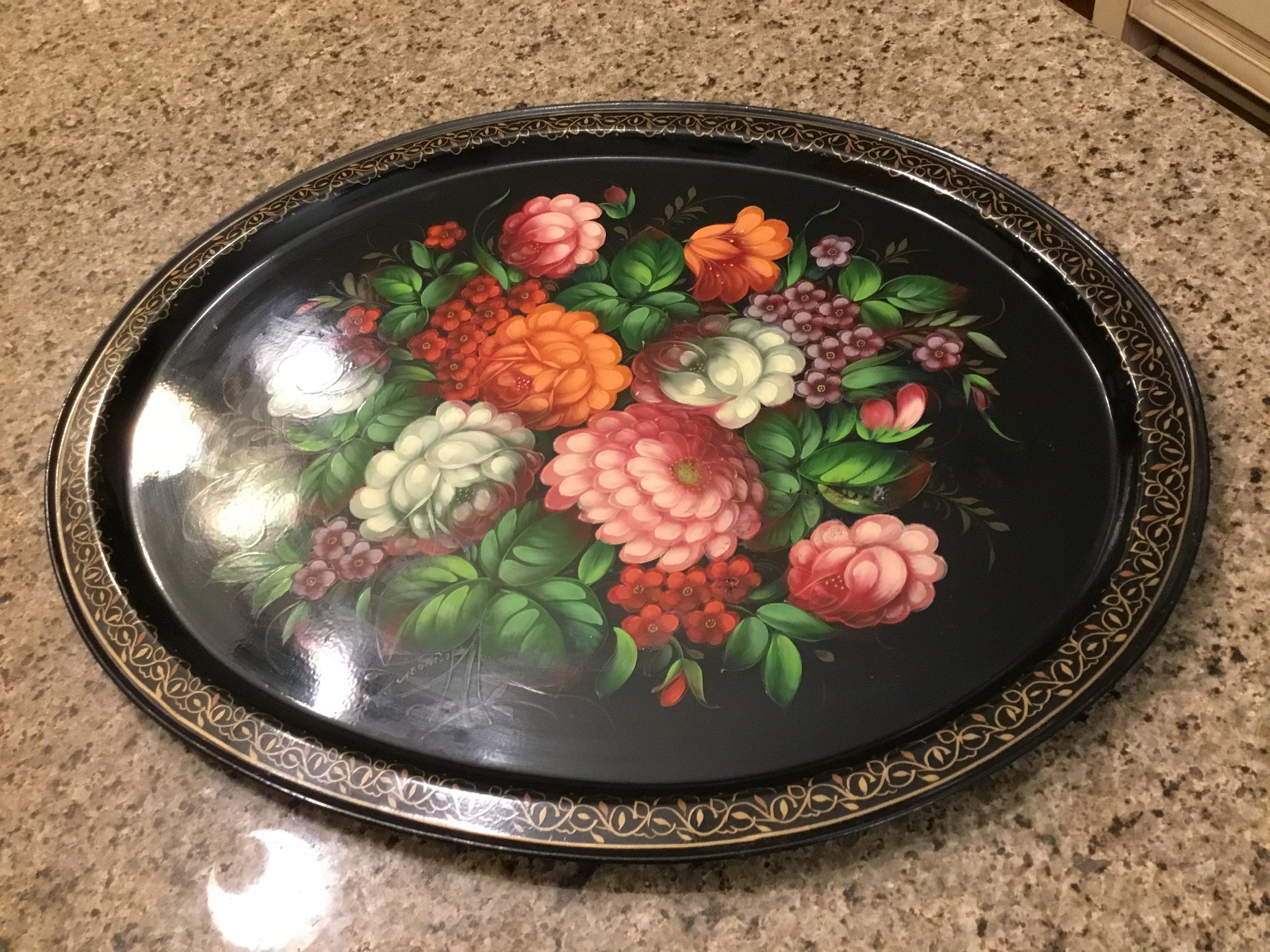 Zhostovo Metal Hand Painted Black Serving Tray Flower Russian MCM