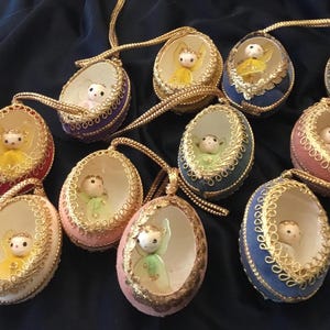Real Egg Diorama Ornaments - Tulle Spun Silk Angels - Lot of 12 - 1950’s