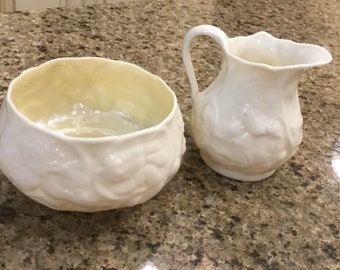 Pot à crème et sucrier Belleek Fermanagh vintage en porcelaine fine - Années 40