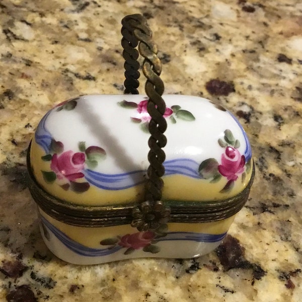 Limoges Peint Main French Porcelain Trinket Box - Hand Painted Floral Basket - Made in France - 1960’s