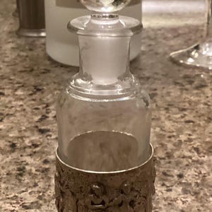 Vintage Shofel Bros - Footed Silver Perfume Bottle Holder Glass Perfume Bottle with Stopper - Made in the USA - 1960’s