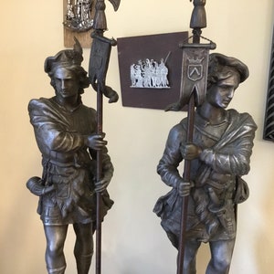 Antique Italian Pewter Statues - Legion Military Soldiers with Staffs - Set of 2 - Made in Italy - Late 19th Century