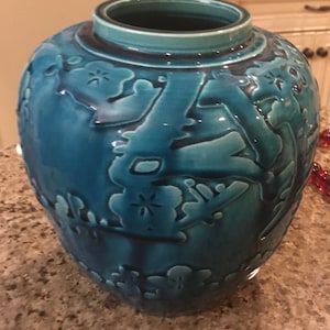 Rare Antique Awaji Japanese Teal Vase - Glaze over a relief of Cherry Blossom Branches - Made in Japan - 1920’s