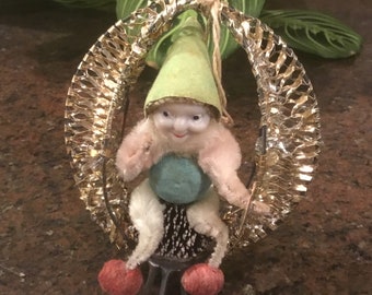 1950’s Kitsch Christmas Pixie Elf Ornament - Poly Body with Pipe Cleaner Legs and Painted Plastic Face - Made in Japan