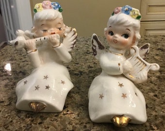 Cute Vintage Napco Japan Hand Painted Porcelain Musical Angels - Salt and Pepper Set - 1940’s