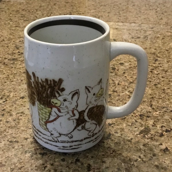 Vintage Otagiri 3 Little Pigs And The Big Bad Wolf Mug Cup - MCM Speckled Pottery Mug - Japan 1970’s