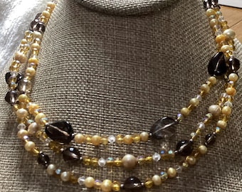 Freshwater Pearl and Smoky Quartz Multistrand Choker Necklace
