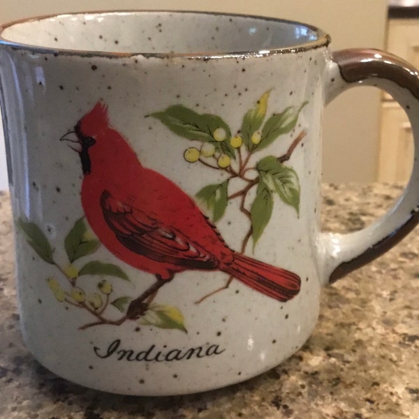 MCM Speckled Pottery Coffee Mug - Christmas Cardinal Mug - INDIANA - Made in Japan - 1970’s