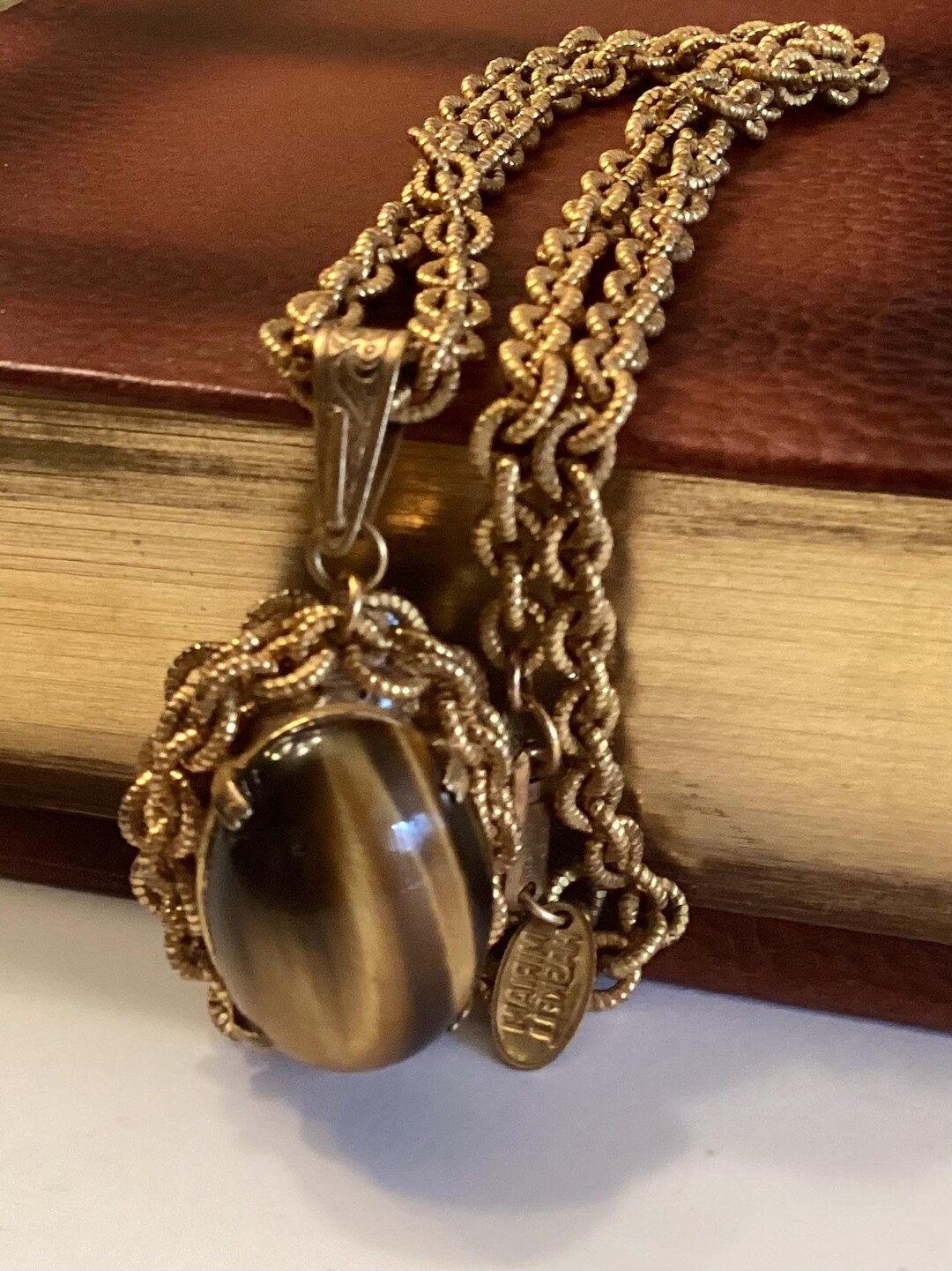 Miriam Haskell Tiger's Eye Gold Tone Pendant Necklace - Signed