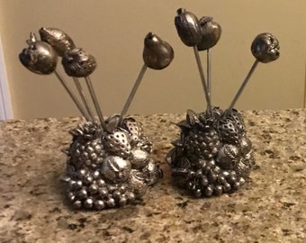 Art Deco Hors d’Oeuvres Cocktail Sticks - Antique Fruit Themed Sticks with Holders